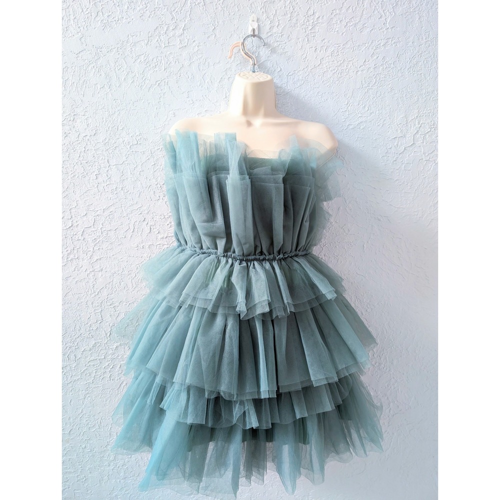 MABLE Strapless Fairycore Tulle Mini Dress Women S Sage Green Tiered Ruffle